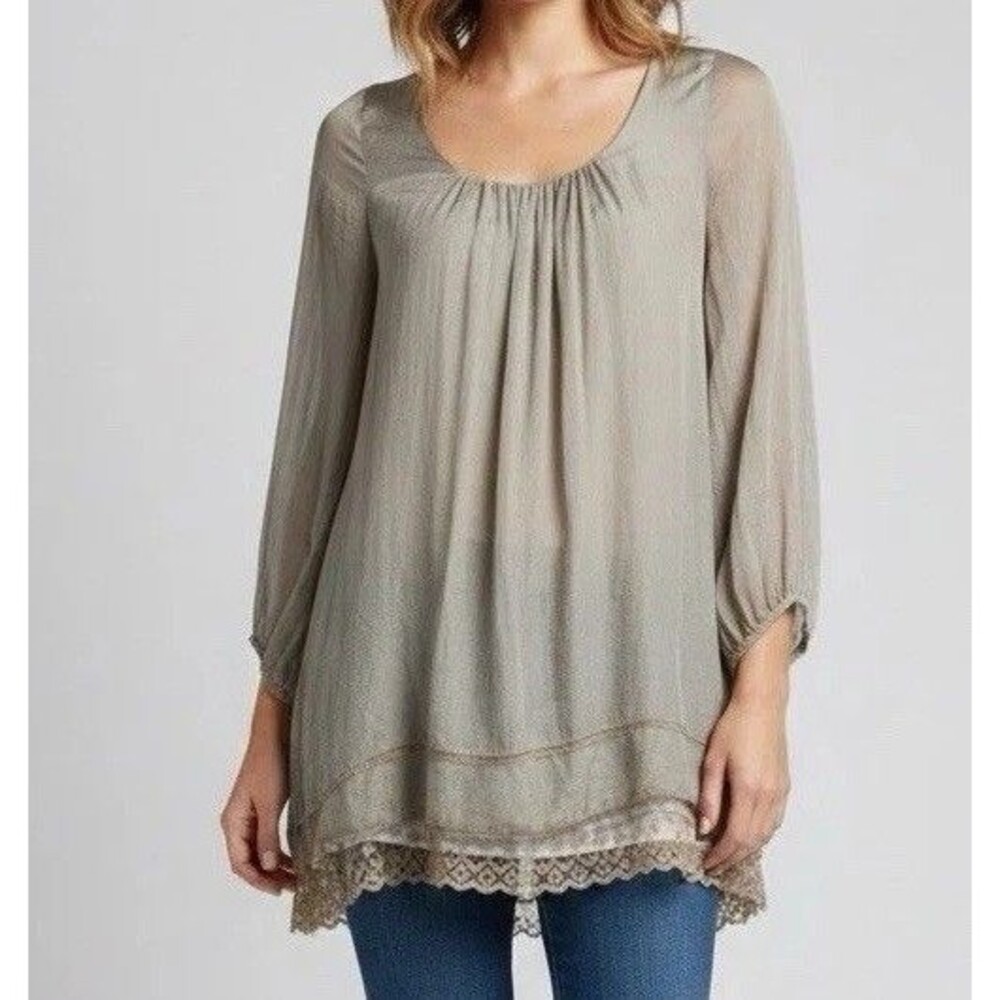 ProntoModa Giusy Gray Silk Blouse Medium Lace Trim Sheer Tunic Italy Boho
